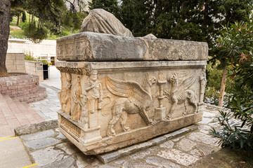 Delphi, Greece. Large sarcophagus outside the Delphi Archaeological Museum, one of the principal museums of Greece