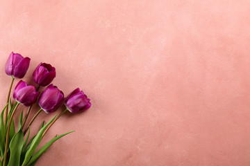 Bunch of spring flowers on textured table backgound with a lot of copy space for text. Top view, close up, flat lay composition.