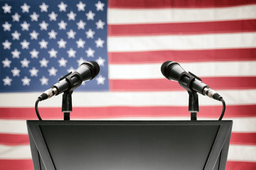 Pulpit with microphones and USA flag on background - obrazy, fototapety, plakaty