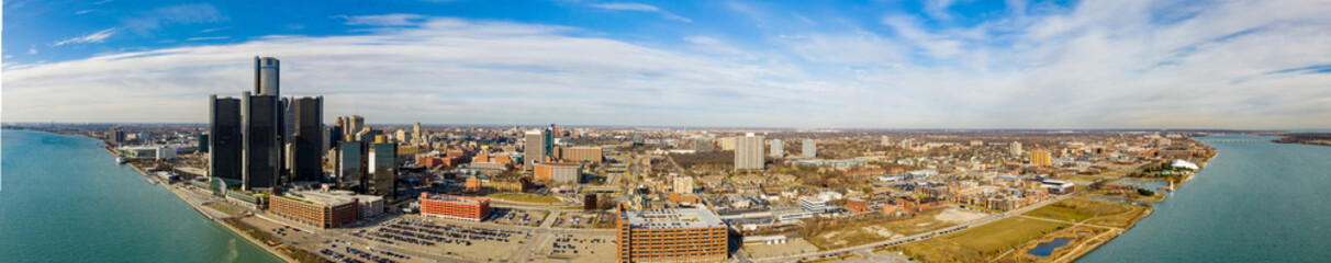 Beautiful aerial panorama Downtown Detroit MI USA all logos removed