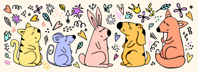 Set of cartoon animals with rabbit, cat, mouse, dog, fox and design elements