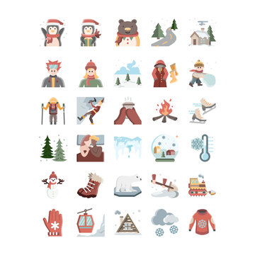 Winter season flat design icon set, vector and illustration