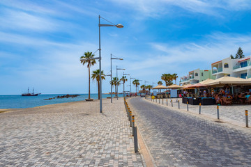 Cyprus. Embankment of Paphos. The road on the banks of Paphos. Walks along the promenades of Cyprus. Tourist places in the Republic of Cyprus. Sea cruises to Paphos. Holidays in the Mediterranean.