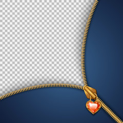 Template for inserting text with a zipper fastener in the form of a heart with a brilliant stone. Isolated on a transparent background. Vector illustration. © olgadanilina