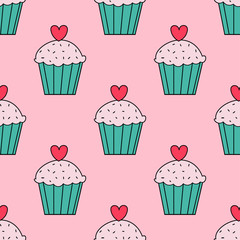 Cute muffins,cupcakes seamless repeat pattern. Valentine's day seamless repeat pattern.