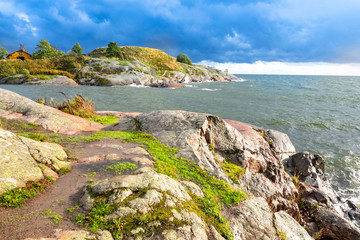 Helsinki. Finland. Baltic sea coast. The rocky shore. Natural scenery. Northern nature. Cloudy...
