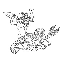 Neptune on waves with seashell. Drawn vector black and white illustration.