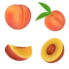 Peach icons set. Realistic set of peach vector icons for web design isolated on white background