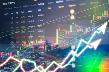 Stock market digital graph chart on LED display concept. A large display of daily stock market price and quotation. Indicator financial forex trade education background.