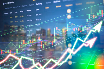 Obraz premium Stock market digital graph chart on LED display concept. A large display of daily stock market price and quotation. Indicator financial forex trade education background.