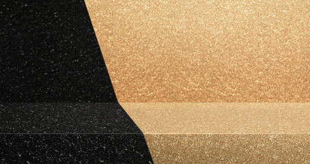 black and gold glitter texture table product display background.3d perspective studio photography stand.banner mockup space for showcase product.retro countertop backdrop.buseiness presentation bg