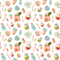 Digital flat illustrations, cute pattern of stickers with the inscription go to an eco-friendly bag, a string bag, reusable dishes. The press on posters, banners, cloths, paper, cards.