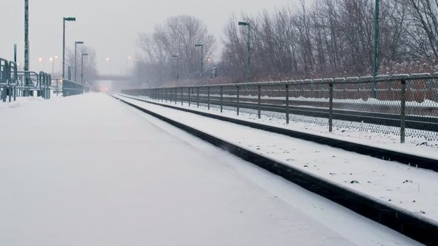 Train Station, Rail in  Snow Storm, Windy. 4K