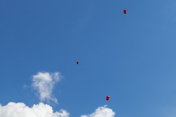 Shifen, Taiwan - SEP 14, 2019: Floating lanterns in blue sky background.