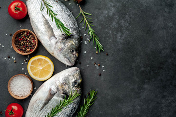 Fresh dorado fish with spices and ingredients tomato, razmorin, sunflower oil, lemon for cooking on a stone background with copy space for your text
