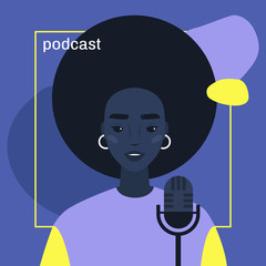 Young african female character hosting a podcast, cover image template