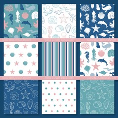 Set of seamless backgrounds on the theme of the sea and marine life