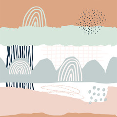 Naklejka premium Abstract seamless pattern with hand drawn various shapes and doodle objects. Modern illustration in pastel colors for fabric design, textiles, wallpaper, paper packaging. Vector