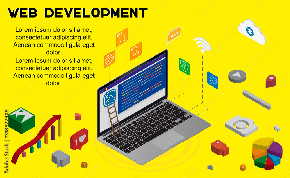 Poster Modern flat design isometric concept of Software Development for banner and website. Computer code with windows on laptop screen. Developing programming and coding technologies. Vector illustration.
