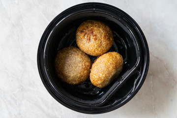 Take Away Lebanese Kibbeh, Stuffed Meatballs Food, Falafel, icli Kofta, Quibe in Plastic Container Box / Package.
