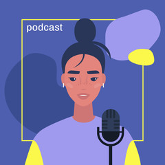 Young female character hosting a podcast, cover image template