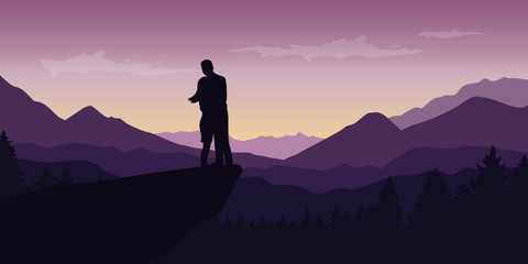couple enjoy the mountain view at purple landscape vector illustration EPS10