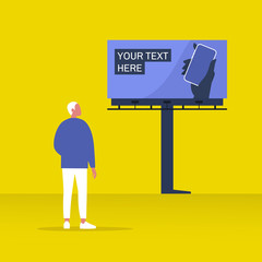Your text here mockup, new online service outdoor advertising, young male character looking at the large billboard construction - obrazy, fototapety, plakaty