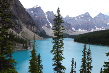 Naklejka na ściany i meble Lake, Mountain lake, alpine meadows and rocky summits in the Rocky Mountains in Canada, British Columbia, West coast