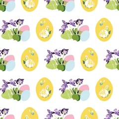 Fototapeten Vector realistic botany easter repeat pattern with viola, easter egg. Beautiful colorful design for your family event. Nature background. Print, fabric, stationary. © Corpholia Design 
