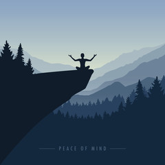 peace of mind mediating person on a cliff with mountain view blue nature landscape vector illustration EPS10