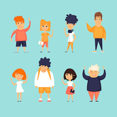 Set of kids schoolchildren. Flat design vector illustration.