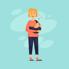 Woman wears a baby in a sling, mom. Flat design vector illustration.