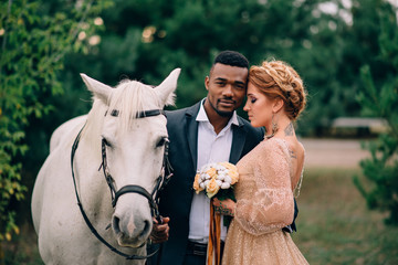Newlyweds are standing near a white horse in nature, close-up