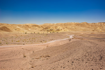 desert landscape sand stone ground dry wasteland scenic view rocky hills horizon background Middle East Israeli warm region