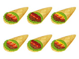 collection of tasty mexican burrito icon on white background. Realistic style. Vector illustration. Isolated on white. Object for packaging, advertisements, menu.