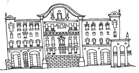 Sketch in lines on a white background old town house in classical architecture, street facade, entrance