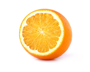 Half an orange on the white background closeup.
