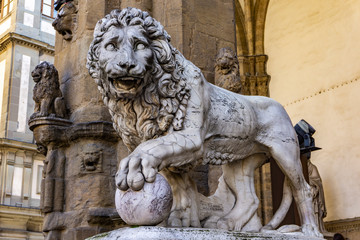 Florence lion statue at the Loggia dei Lanzi in Florence, Italy