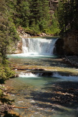 Obraz premium Rivers and waterfalls with pine tree forests and summits in the Rocky Mountains in Canada, British Columbia, West coast