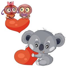 set of koalas with hearts and owls sitting on a heart, isolated object on a white background,