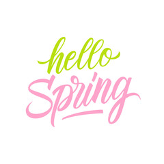 Hello Spring card template. Hand drawn lettering. Calligraphic element for seasonal design. Vector illustration.