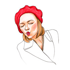 Portrait of a girl in a red beret. Cute air kiss, alcohol marker illustration