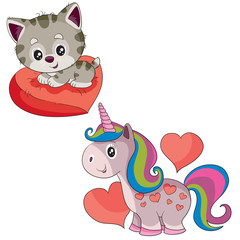 set of cute kitten sitting on a pillow in the shape of a heart and a unicorn, isolated object on a white background