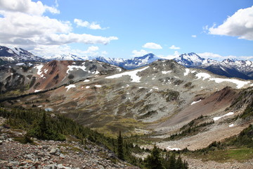 Rocky Mountains landscape with snowy summits, pine trees forests in Canada, British Columbia, West coast