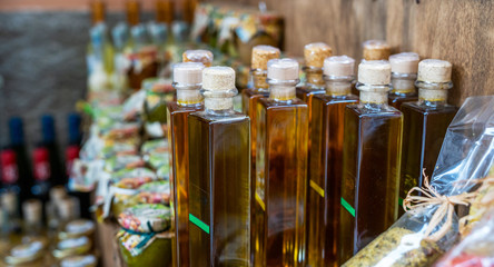Various food, goods and small typical souvenirs sold at small shops at the pedestrian area of...