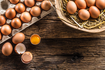 Fresh raw eggs on rustic wooden table - Top of View