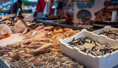 Fish Market with seafood and fish. Fresh local products sold on street.