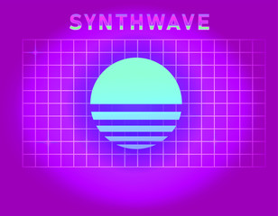 Retrofuturistic landscape with laser grid and neon sun. Vaporwave and retrowave style background.
