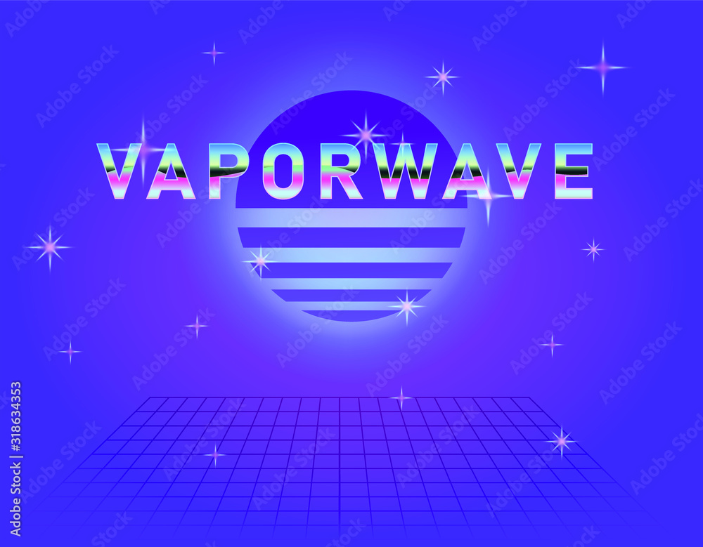 Poster retrofuturistic landscape with laser grid and neon sun. vaporwave and retrowave style background.
