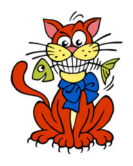 Cute cat with fish bone in teeth laughs, color cartoon joke